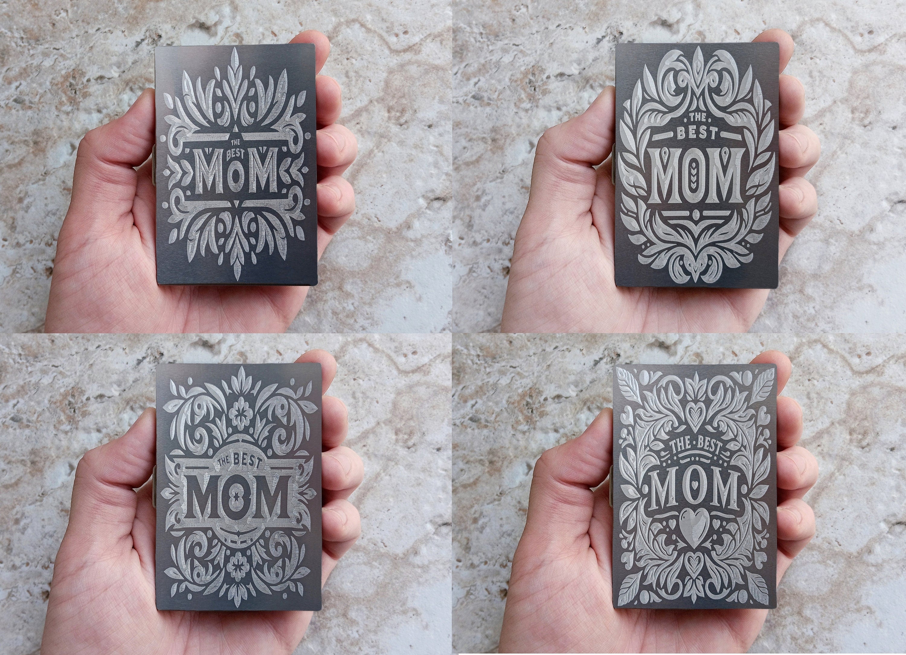 Top View of Examples of The Best Mom Designs engraved on the Stainless Steel Case. You can choose your design from the variation menu.